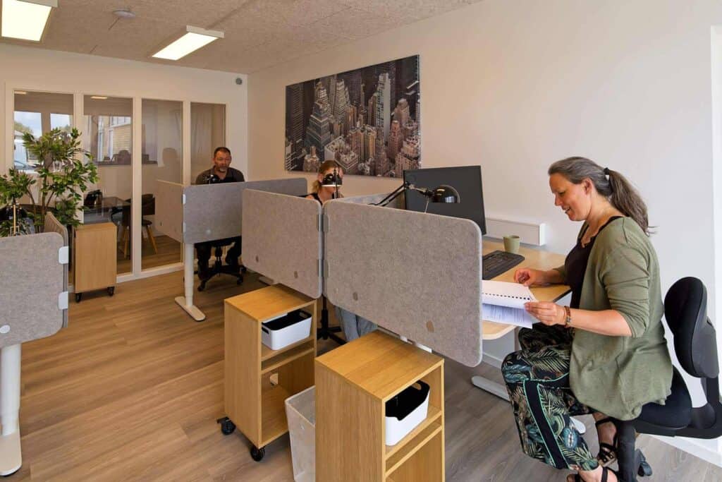 Tre medarbejdere arbejder i kontorlokale